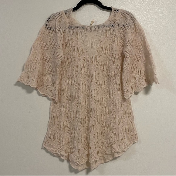 Free People Bell Sleeve Cream Crochet Ruffle Knit Sweater Top XS - Picture 5 of 12